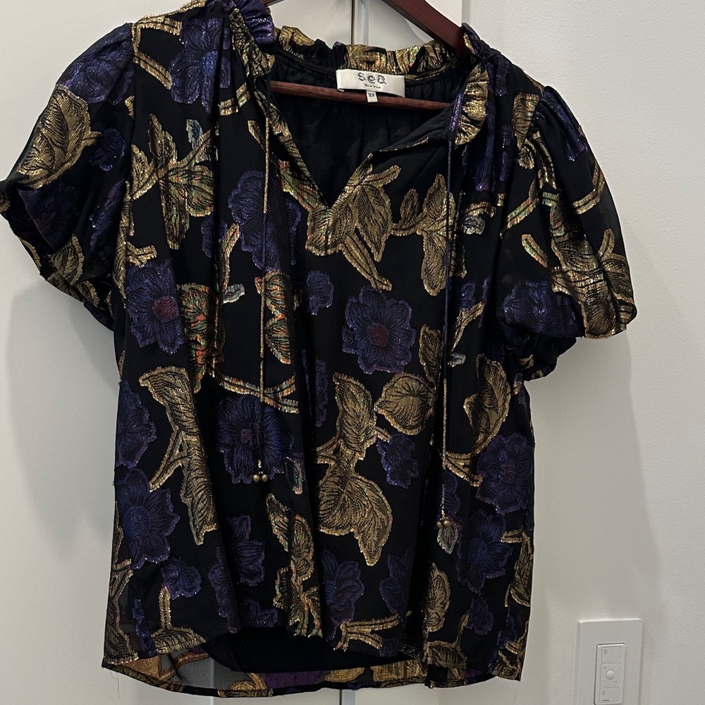 Sea NYC Leandra Black, Purple and Gold Floral Top Blouse, XS - Picture 3 of 8